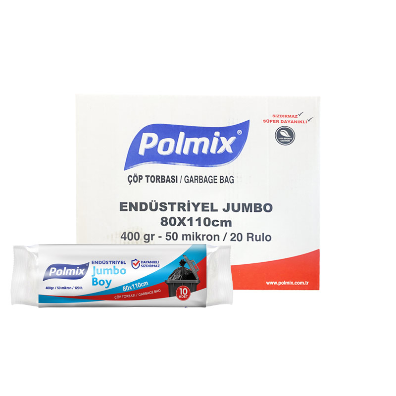 Polmix P404 Endüstriye Çöp Torbası Jumbo Boy 80 x 110 cm 10 Adet 400 gr - Siyah (20 Adet) resmi