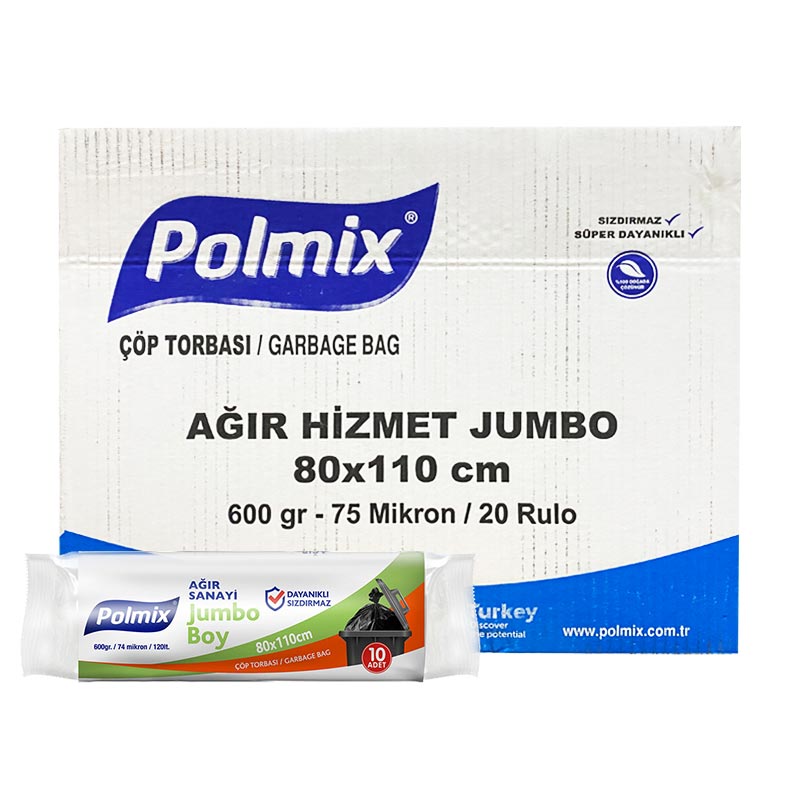Polmix P501 Çöp Torbası Ağır Hizmet Jumbo Boy 74 Mikron 80 x 110 cm 10 Adet - Siyah (10 Adet) resmi