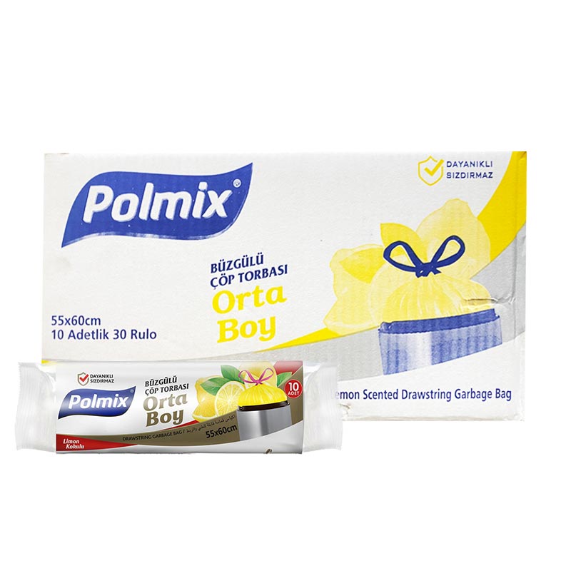 Polmix P139 Çöp Torbası Büzgülü Orta Boy Limon Kokulu 55 x 60 cm 10 Adet - Sarı (30 Adet) resmi