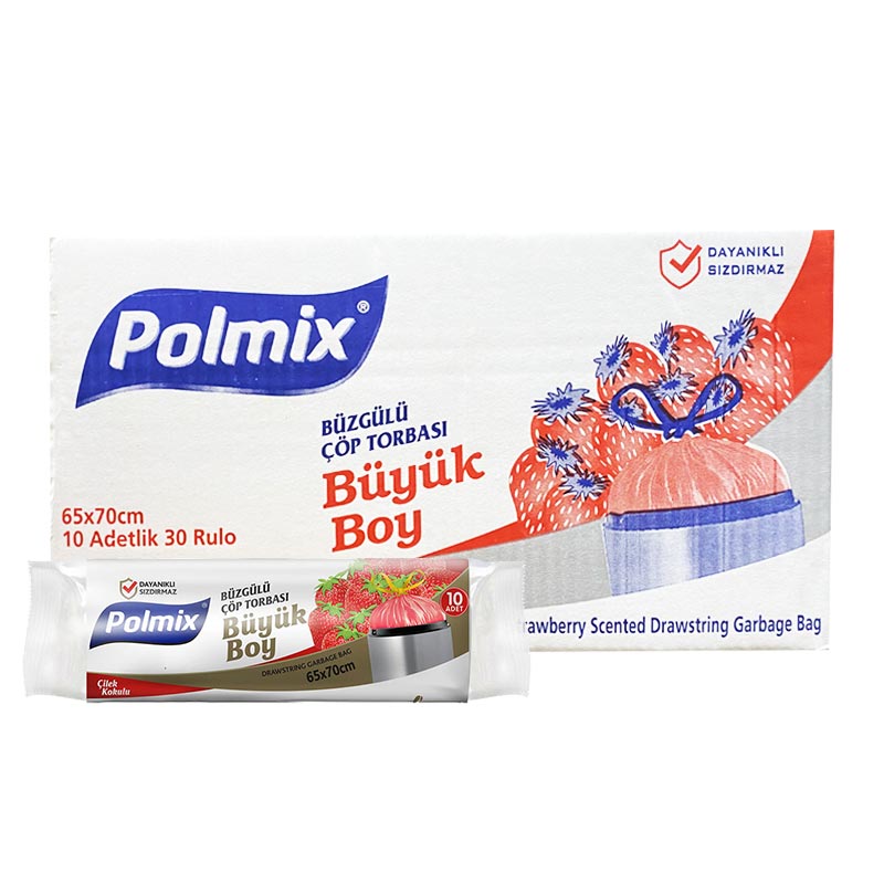 Polmix P143 Çöp Torbası Büzgülü Büyük Boy Çilek Kokulu 65 x 70 cm 10 Adet - Kırmızı (30 Adet) resmi