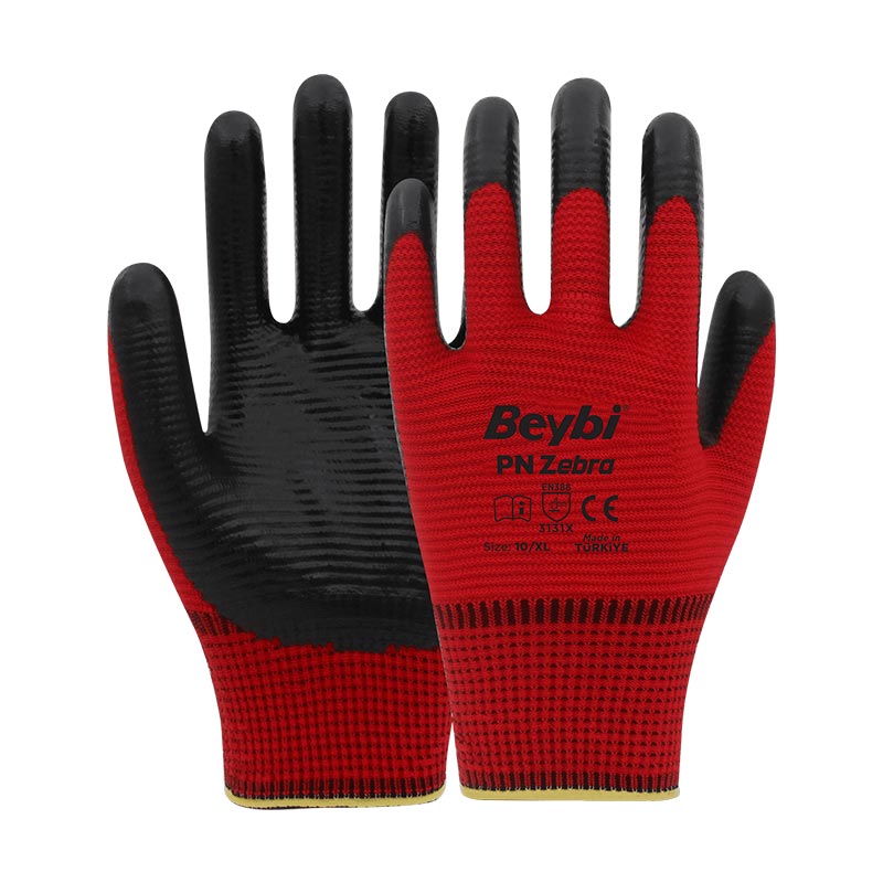 Beybi PN Zebra Nitril Kaplı Polyester İş Eldiveni No:10 XL Kırmızı Sİyah resmi