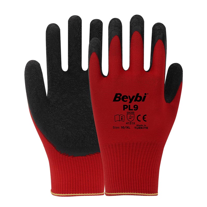 Beybi PL9 Lateks Kaplı Polyester Camcı İş Eldiveni No:10 XL Kırmızı Siyah resmi