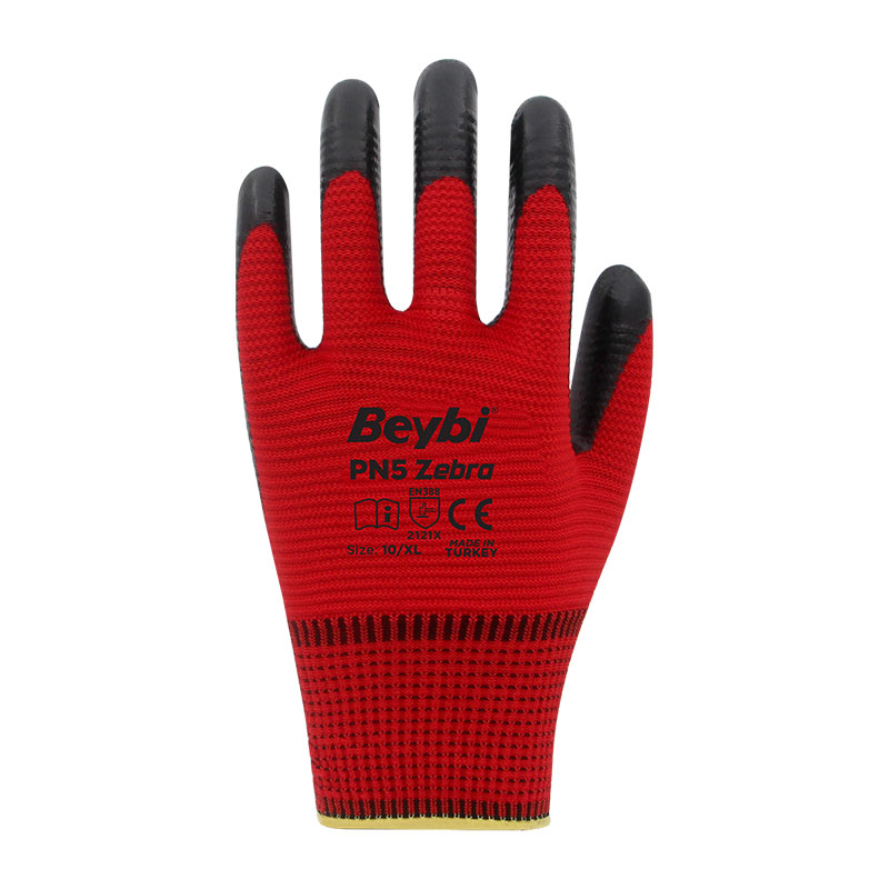Beybi PN Zebra Nitril Kaplı Polyester İş Eldiveni No:10 XL Kırmızı Sİyah (12 Adet) resmi