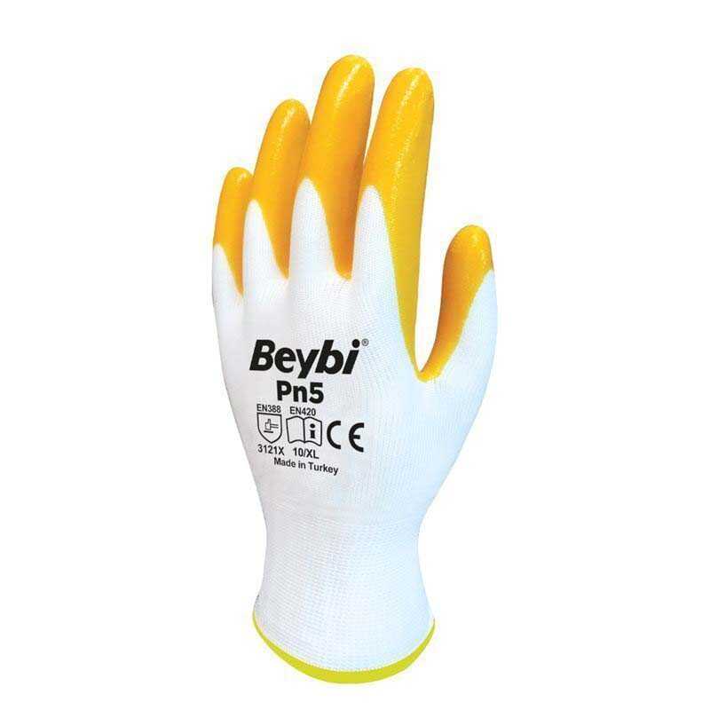Beybi Nitril İş Eldiveni Pamuk No:10 XL PN5 Sarı-Beyaz