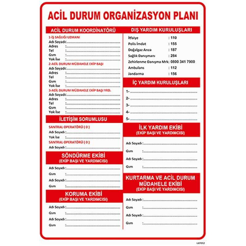 Acil Durum Organizasyon Planı Uyarı Levhası U07052